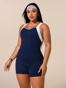 SHEIN Rhythm Era 1件大尺碼深藍色拼接掛脖式連身健身連身褲，交叉露背收腹提臀瑜珈運動緊身衣，柔軟舒適貼身，適合健身、跑步、休閒、瑜珈 - 藏蓝色 - 查看 6