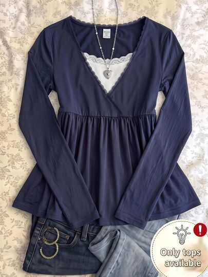 Teen Girls Teen Girl Autumn 2 In 1 Blue And White T-Shirt With Lace Trim, Casual Daily Versatile
