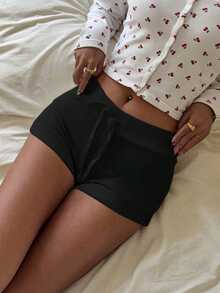 Comfortcana Cómodos shorts ajustados con cordón y estampado blanco, elegantes - Negro - Ver 6