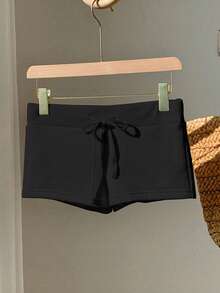 Comfortcana Cómodos shorts ajustados con cordón y estampado blanco, elegantes - Negro - Ver 4