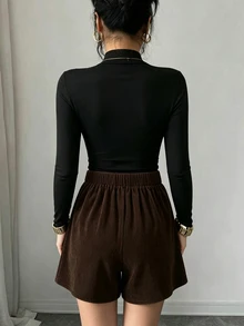 Selianne New French Elegant Elegant Fashion Set Design Square Neck Pleated Bust-Flattering Slimming Concealing Metal Button Long Sleeve T-Shirt + Elastic Waist Small A-Line Double Layer Asymmetrical Skort Casual Sexy Versatile Women's 2-Piece Set - Multicolor - View 7