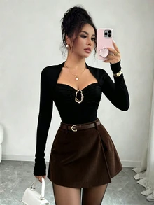Selianne New French Elegant Elegant Fashion Set Design Square Neck Pleated Bust-Flattering Slimming Concealing Metal Button Long Sleeve T-Shirt + Elastic Waist Small A-Line Double Layer Asymmetrical Skort Casual Sexy Versatile Women's 2-Piece Set - Multicolor - View 6
