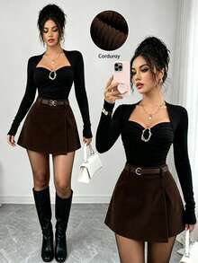 Selianne New French Elegant Elegant Fashion Set Design Square Neck Pleated Bust-Flattering Slimming Concealing Metal Button Long Sleeve T-Shirt + Elastic Waist Small A-Line Double Layer Asymmetrical Skort Casual Sexy Versatile Women's 2-Piece Set - Multicolor - View 1