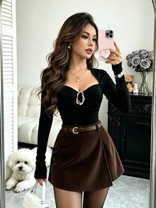 Selianne New French Elegant Elegant Fashion Set Design Square Neck Pleated Bust-Flattering Slimming Concealing Metal Button Long Sleeve T-Shirt + Elastic Waist Small A-Line Double Layer Asymmetrical Skort Casual Sexy Versatile Women's 2-Piece Set - Multicolor - View 3