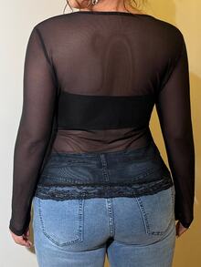 GalTyme Women's Plus Size Sexy Mesh & Contrast Lace Semi-Sheer T-Shirt Fall - Black - View 2