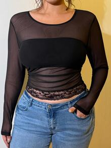 GalTyme Women's Plus Size Sexy Mesh & Contrast Lace Semi-Sheer T-Shirt Fall - Black - View 4