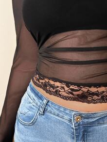 GalTyme Women's Plus Size Sexy Mesh & Contrast Lace Semi-Sheer T-Shirt Fall - Black - View 5