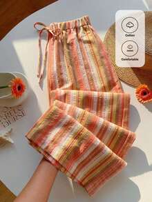 Comfortcana 2 Pieces Set: Brown And Pink Trousers, Halloween-Style Orange Striped Design, Multi-Colored Knit Wide-Leg Pants; Women's Autumn/Winter Collection. - Multicolor - View 3