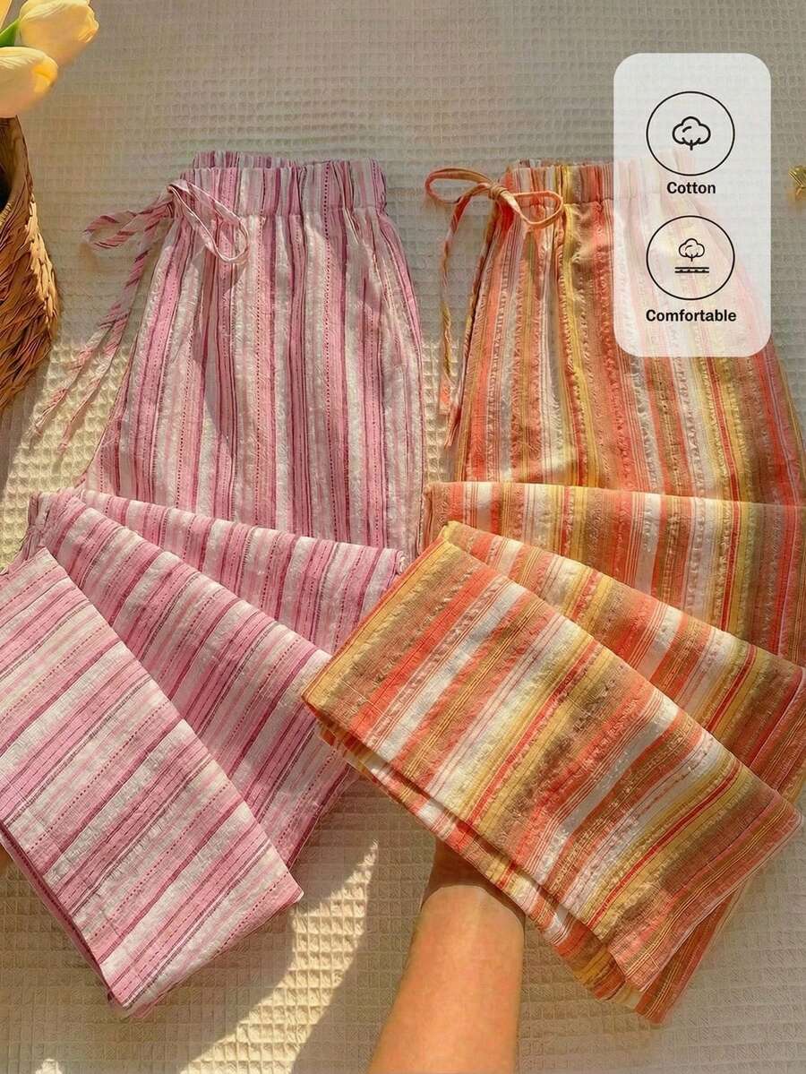 Comfortcana 2 Pieces Set: Brown And Pink Trousers, Halloween-Style Orange Striped Design, Multi-Colored Knit Wide-Leg Pants; Women's Autumn/Winter Collection. - Multicolor - View 1