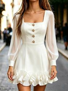 SHEIN فستان فرنسي أنيق بأكمام مزينة بأزرار معدنية على شكل زهور، شفاف مع حافة دانتيل بتصميم أوراق اللوتس، مناسب للحفلات والغداء والمواعيد والزفاف وحفلات الشاي، لون أبيض خريفي - أبيض - مشاهدة 6