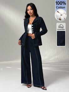 SHEIN PETITE Set Kemeja Lengan Panjang Terbuka Depan dan Celana Kasual, 100% Katun - Navy Blue - View 4