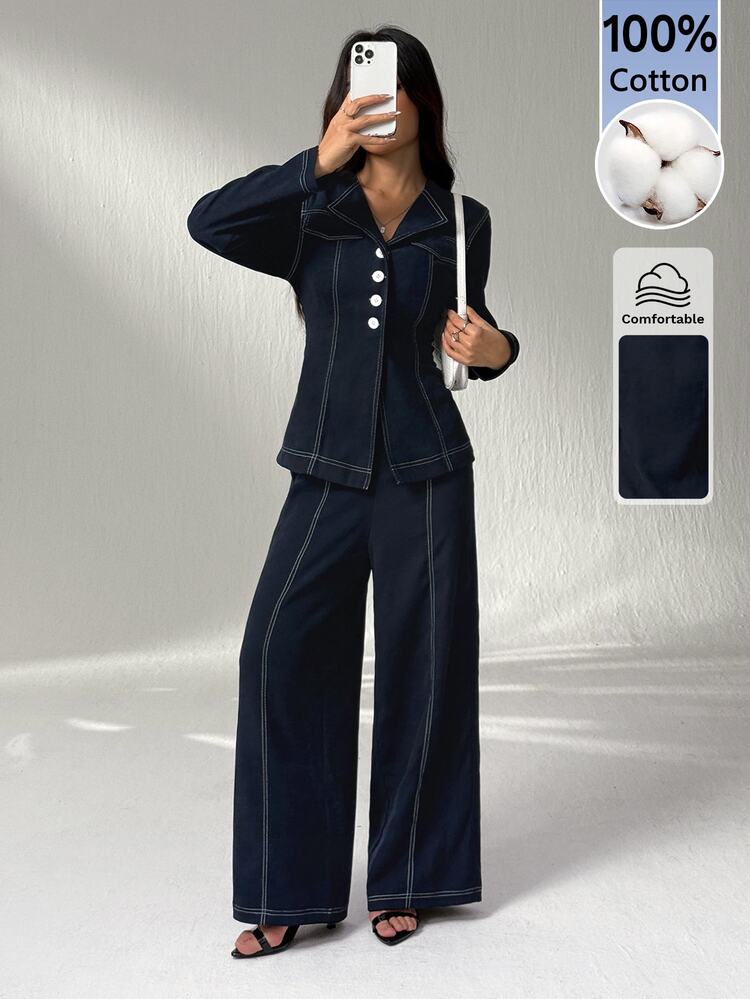 SHEIN PETITE Open Front Long Sleeve Shirt And Casual Pants Set, 100% Cotton - Navy Blue - View 1