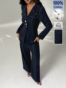 SHEIN PETITE Set Kemeja Lengan Panjang Terbuka Depan dan Celana Kasual, 100% Katun - Navy Blue - View 7