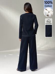 SHEIN PETITE Set Kemeja Lengan Panjang Terbuka Depan dan Celana Kasual, 100% Katun - Navy Blue - View 2