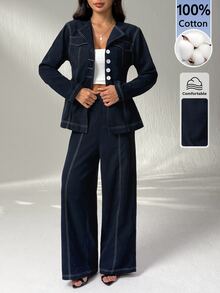 SHEIN PETITE Set Kemeja Lengan Panjang Terbuka Depan dan Celana Kasual, 100% Katun - Navy Blue - View 3