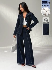 SHEIN PETITE Set Kemeja Lengan Panjang Terbuka Depan dan Celana Kasual, 100% Katun - Navy Blue - View 5