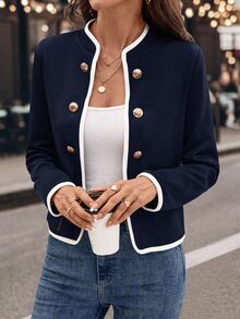 SHEIN Clasi 大码女式秋季翻领长袖双排扣休闲夹克 - 藏蓝色 - 查看 4