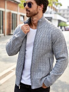 Manfinity Homme 男士休閒針織開襟衫，秋冬正式款 - 淺灰色 - 查看 3