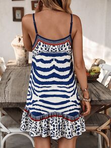 SHEIN Swim 新款女款豹紋細肩帶洋裝罩衫，海灘度假穿搭，女款優雅洋裝，女款復活節洋裝，女款休閒洋裝，女款度假洋裝，女款鄉村風洋裝，女款假日洋裝，女款藍色洋裝，夏季海灘穿搭 - 藍色 - 查看 2