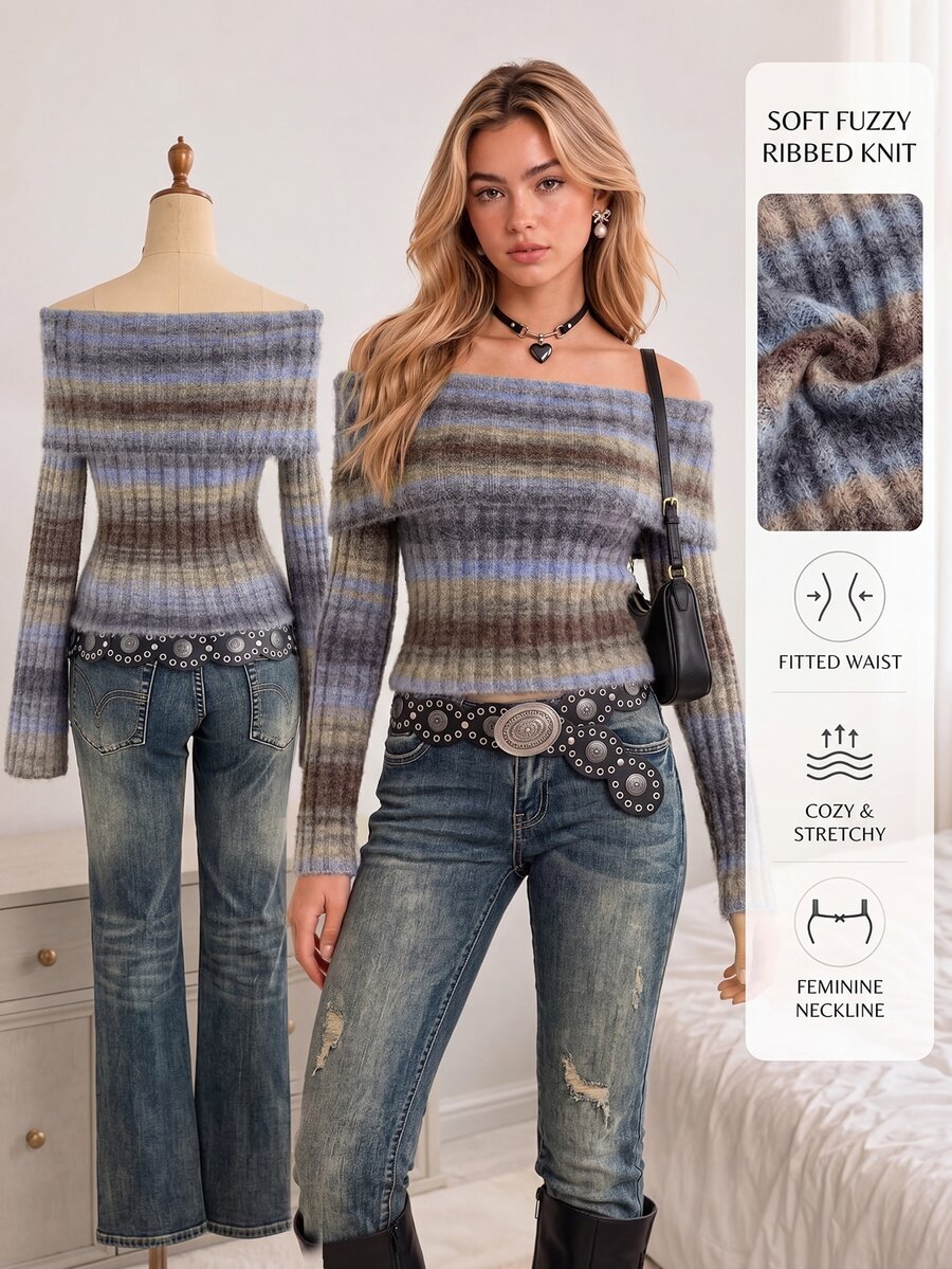 Elamini Women's Autumn/Winter Gradient Slim Fit Shiny Metallic Yarn Off-Shoulder Multi-Color Contrast Versatile Elegant Knit Sweater - Brown - View 1