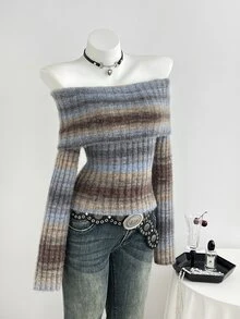 Elamini 女款秋冬漸層修身亮面金屬線露肩多色對比百搭優雅針織毛衣 - 棕色 - 查看 5