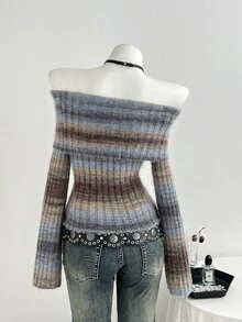 Elamini 女款秋冬漸層修身亮面金屬線露肩多色對比百搭優雅針織毛衣 - 棕色 - 查看 2