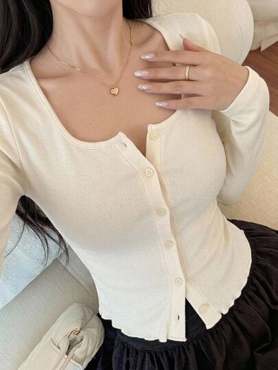 DAZY Solid Color Fitted Short Long Sleeve Square Neck Elegant Vacation Sexy Autumn/Winter Knit Base Layer T-Shirt For Women
