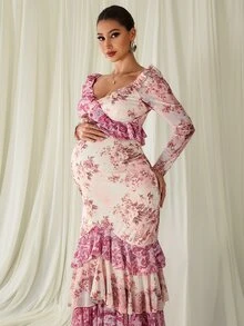 MaterniChic Maternity Floral Print Pleated Casual Party & Travel Dress - Pink - View 9