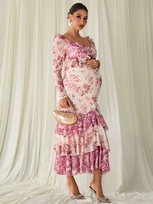 MaterniChic Maternity Floral Print Pleated Casual Party & Travel Dress - Pink - View 7
