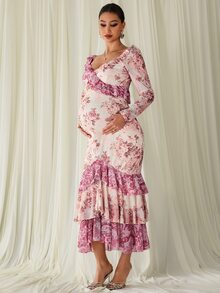 MaterniChic Maternity Floral Print Pleated Casual Party & Travel Dress - Pink - View 1