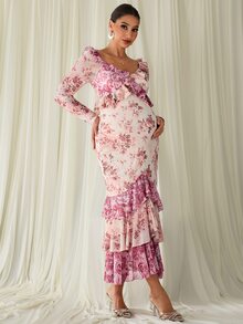 MaterniChic Maternity Floral Print Pleated Casual Party & Travel Dress - Pink - View 8