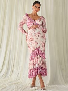 MaterniChic Maternity Floral Print Pleated Casual Party & Travel Dress - Pink - View 6