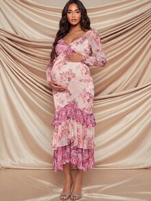 MaterniChic Maternity Floral Print Pleated Casual Party & Travel Dress - Pink - View 4