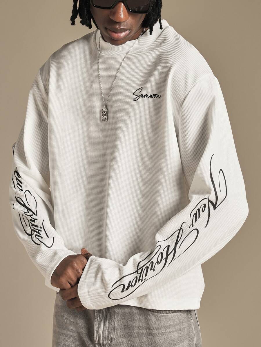 SUMWON New Horizon Waffle Knit Long Sleeve Tee With Cursive Script Sleeve Print High Neck Boxy Fit Streetwear Top - Beige - View 1