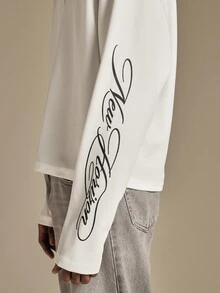 SUMWON New Horizon Waffle Knit Long Sleeve Tee With Cursive Script Sleeve Print High Neck Boxy Fit Streetwear Top - Beige - View 2
