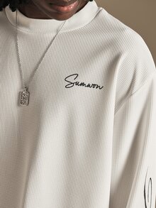 SUMWON New Horizon Waffle Knit Long Sleeve Tee With Cursive Script Sleeve Print High Neck Boxy Fit Streetwear Top - Beige - View 3
