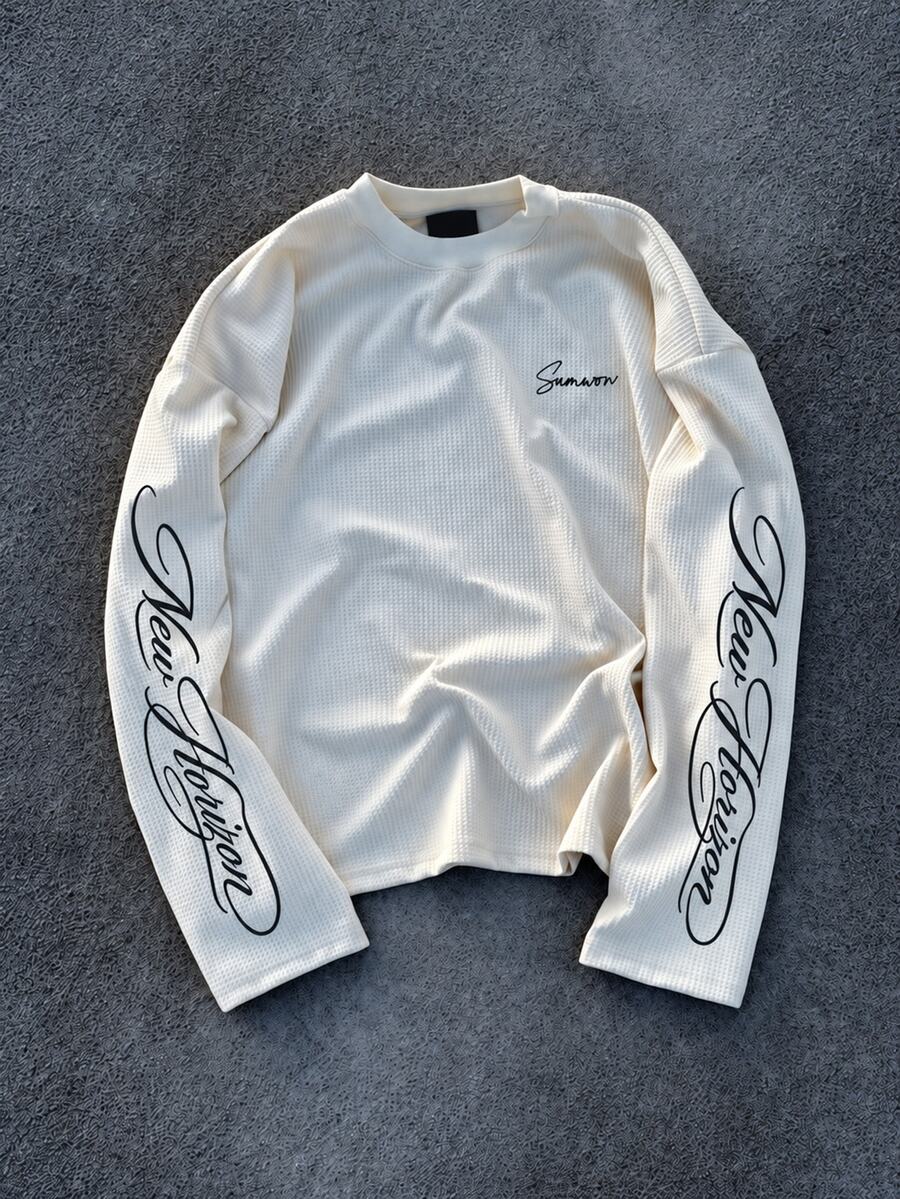 SUMWON New Horizon Waffle Knit Long Sleeve Tee With Cursive Script Sleeve Print High Neck Boxy Fit Streetwear Top - Beige - View 1