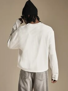 SUMWON New Horizon Waffle Knit Long Sleeve Tee With Cursive Script Sleeve Print High Neck Boxy Fit Streetwear Top - Beige - View 5