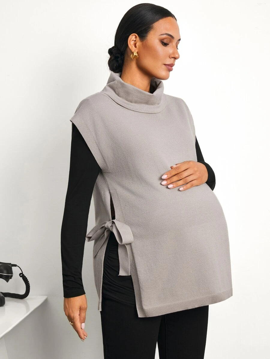 MaterniWear Maternity Autumn/Winter Casual Solid Color High Neck Side Slit Knit Vest - Brown - View 1