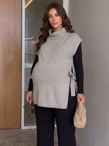 MaterniWear Maternity Autumn/Winter Casual Solid Color High Neck Side Slit Knit Vest - Brown - View 2