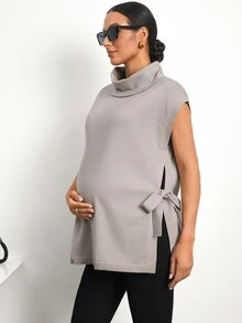 MaterniWear Maternity Autumn/Winter Casual Solid Color High Neck Side Slit Knit Vest - Brown - View 8
