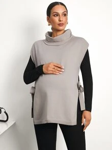 MaterniWear Maternity Autumn/Winter Casual Solid Color High Neck Side Slit Knit Vest - Brown - View 5