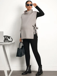 MaterniWear Maternity Autumn/Winter Casual Solid Color High Neck Side Slit Knit Vest - Brown - View 7