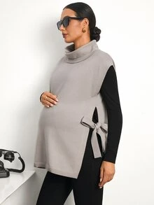 MaterniWear Maternity Autumn/Winter Casual Solid Color High Neck Side Slit Knit Vest - Brown - View 6
