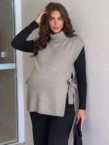 MaterniWear Maternity Autumn/Winter Casual Solid Color High Neck Side Slit Knit Vest - Brown - View 3