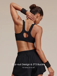 GLOWMODE Quick Dry Sun Protective Sculpt Support Shock-Absorbing Sports Bra With Adjustable Straps & Keyhole Back High Impact Workout Gym Training Fitness Wear - Black - View 3