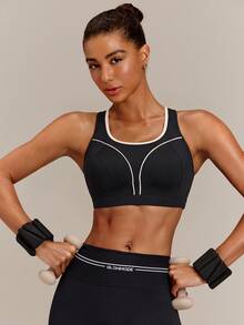 GLOWMODE Quick Dry Sun Protective Sculpt Support Shock-Absorbing Sports Bra With Adjustable Straps & Keyhole Back High Impact Workout Gym Training Fitness Wear - Black - View 1