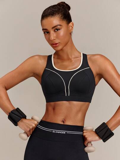 GLOWMODE Quick Dry Sun Protective Sculpt Support Shock-Absorbing Sports Bra With Adjustable Straps & Keyhole Back High Impact Workout Gym Training Fitness Wear