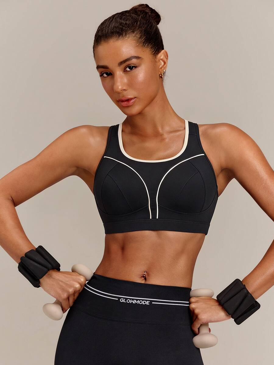 GLOWMODE Quick Dry Sun Protective Sculpt Support Shock-Absorbing Sports Bra With Adjustable Straps & Keyhole Back High Impact Workout Gym Training Fitness Wear - Black - View 1