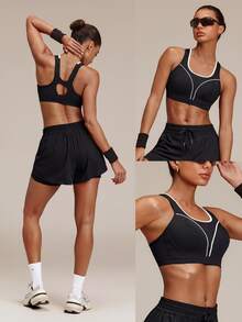 GLOWMODE Quick Dry Sun Protective Sculpt Support Shock-Absorbing Sports Bra With Adjustable Straps & Keyhole Back High Impact Workout Gym Training Fitness Wear - Black - View 9